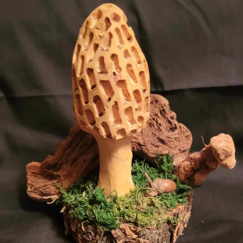 Rustic Morel Mushroom Wood Burned Sculpture